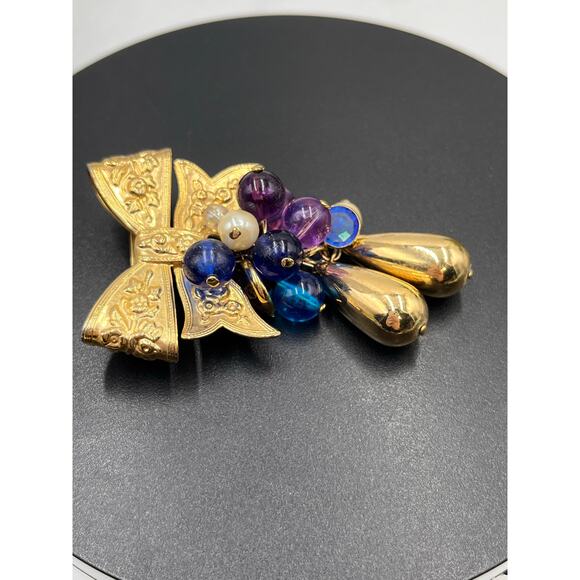 Vintage Gold Tone Bow Teardrops Blues and Purples Dangle Brooch - Picture 5 of 8